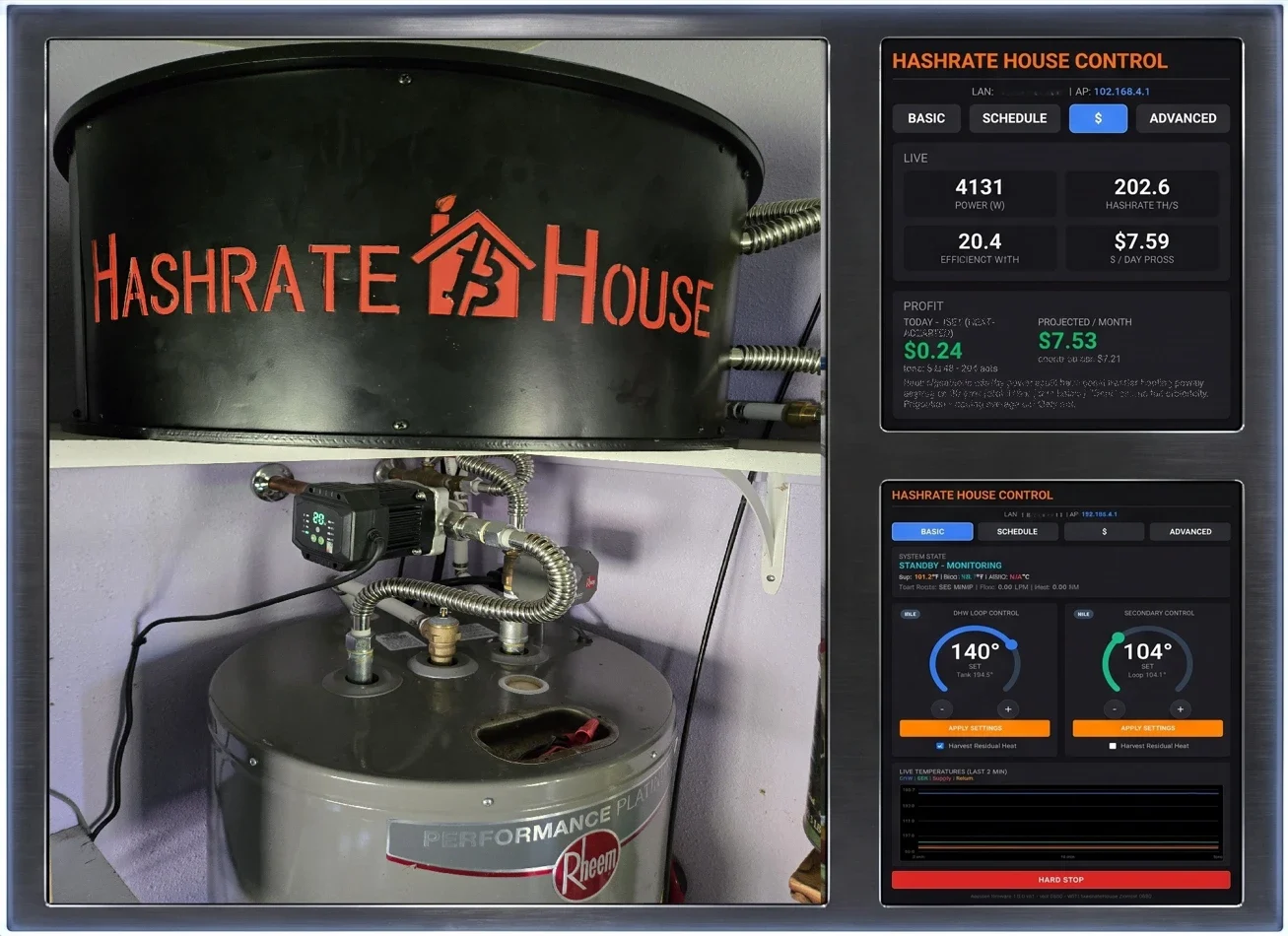 Customer Aqueon install above a Rheem water heater, beside the Hashrate House Control app showing live power, hashrate, profit, and loop temperatures