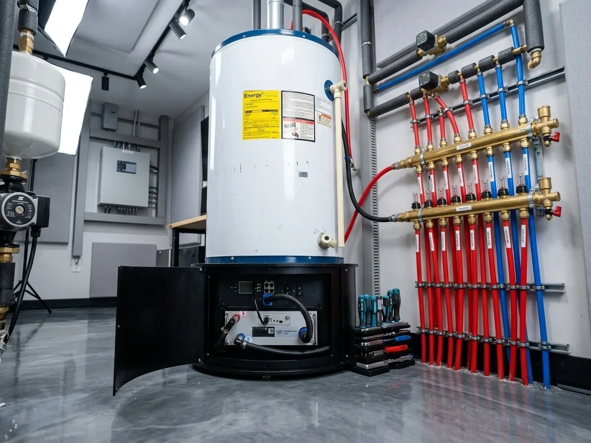 Aqueon beneath a water heater, tied into a hydronic manifold.