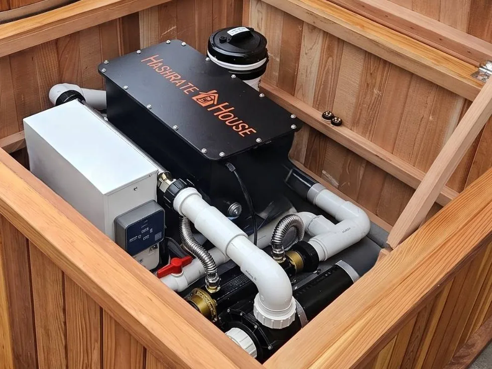 HashTub immersion heating skid installed inside a cedar hot tub equipment box